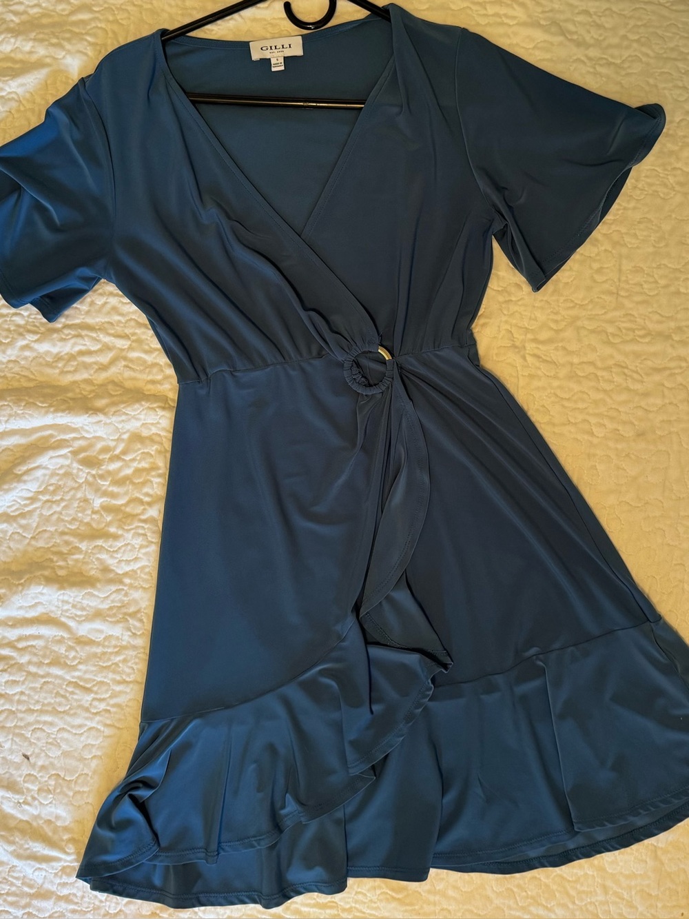 Gilli Deep Teal Wrap-Style Ruffle Dress